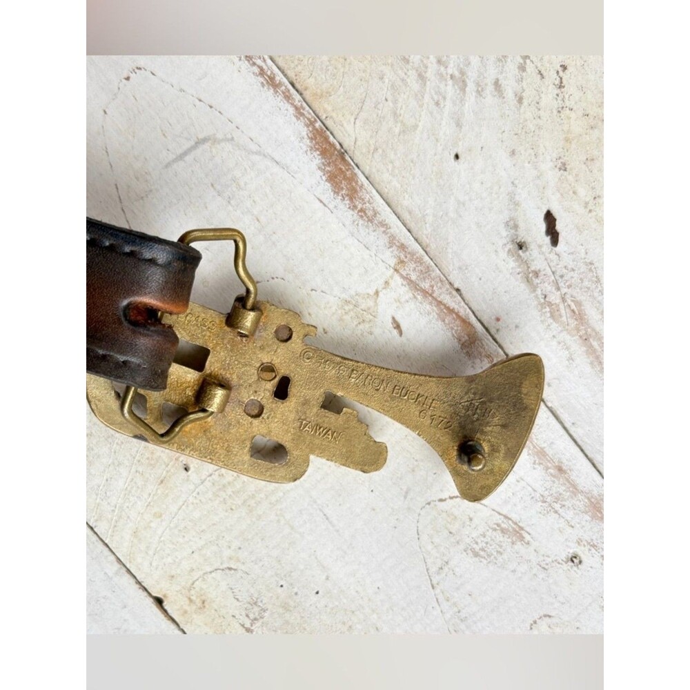 Vintage 70s leather belt Baron solid Brass Buckle cornet trumpet music band 34 - Picture 9 of 16